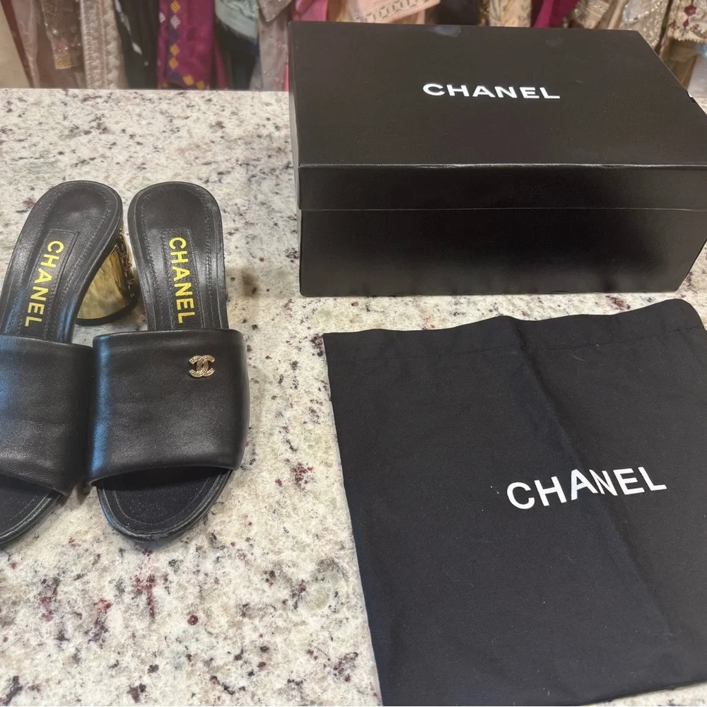 CHANEL Black Leather Slide Mules with Gold CC Logos